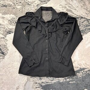 Millie Ruffled Button Up Blouse Top Womens 13-14 Black Cotton Puffed Shoulder